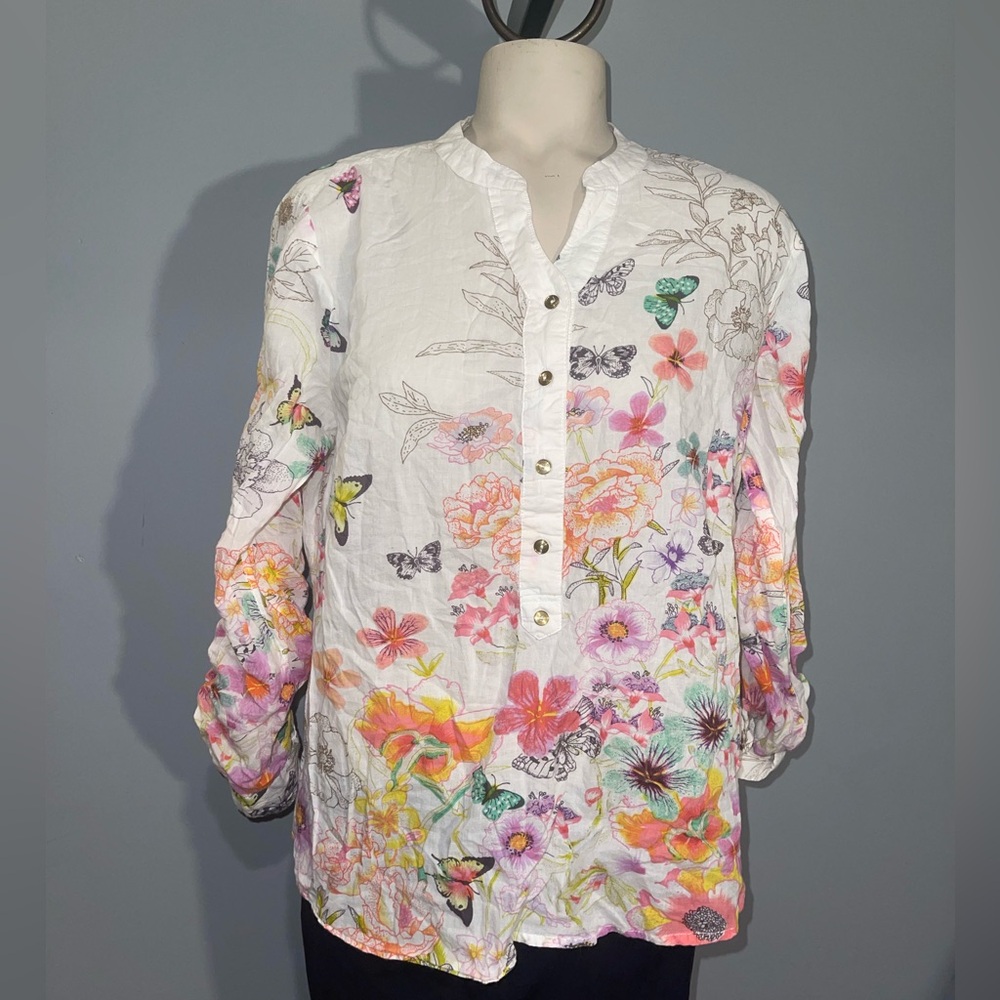 Take two Floral Print Blouse - White Multicolor large butterflies vintage top